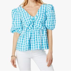Lilly Pulitzer Top Sarafina Short Sleeve Blue Gingham Women’s Size 2 Bow Detail